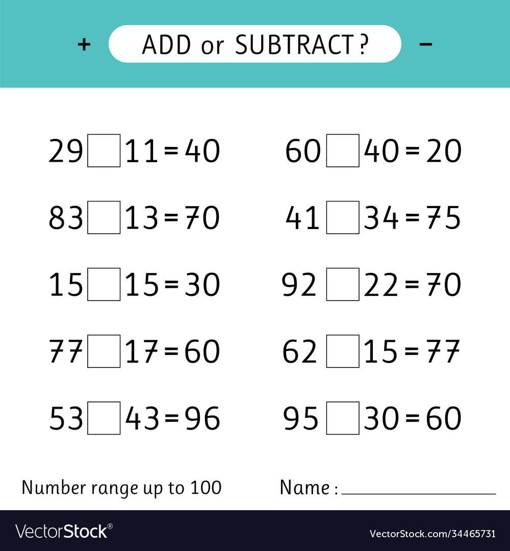 Add or subtract number range up to 100 worksheet