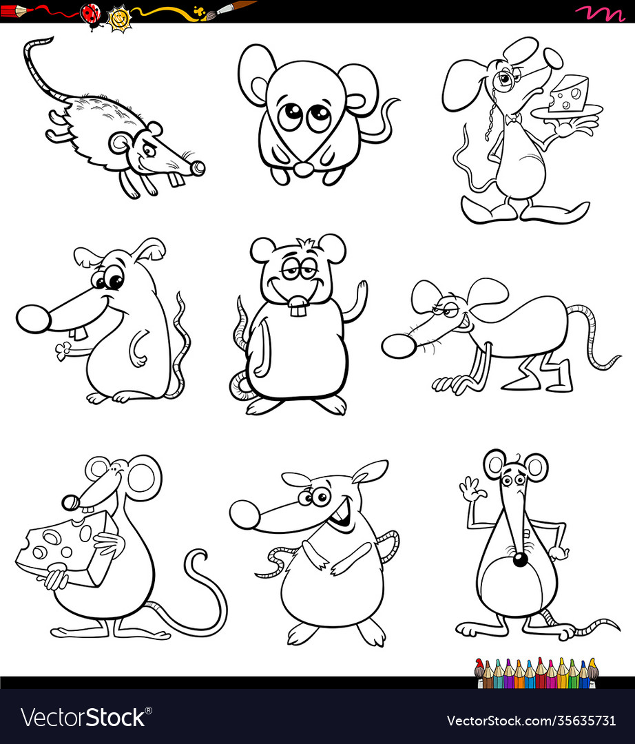 Cartoon mice comic animal characters set coloring Vector Image