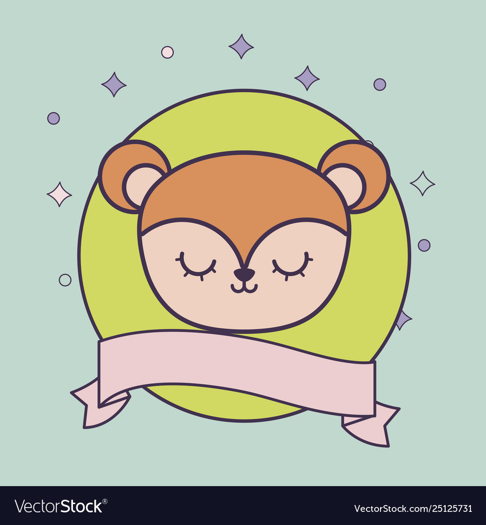 Head cute monkey in frame circular with ribbon