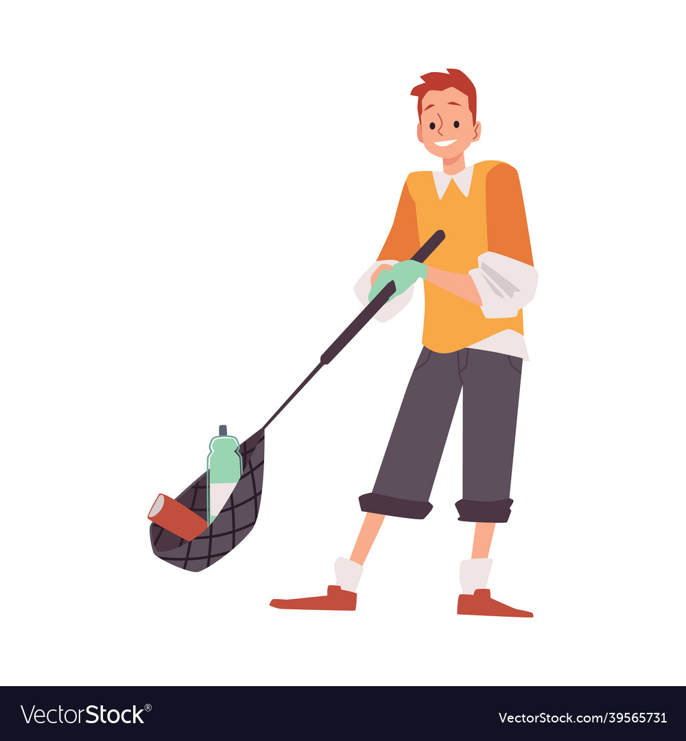 Man collects trash on scoop with long handle flat Vector Image Man collects trash on scoop with long handle flat
