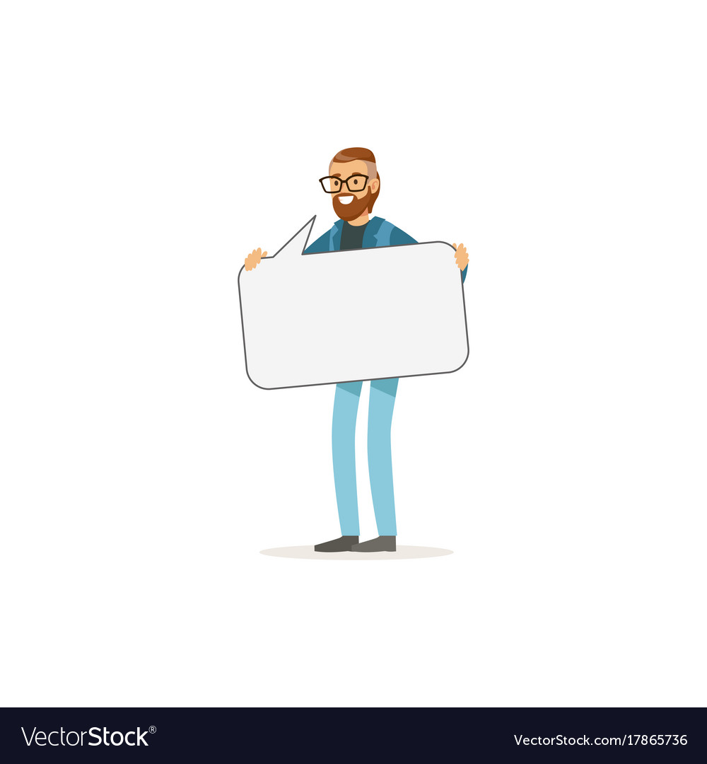 Bearded man character with empty message board