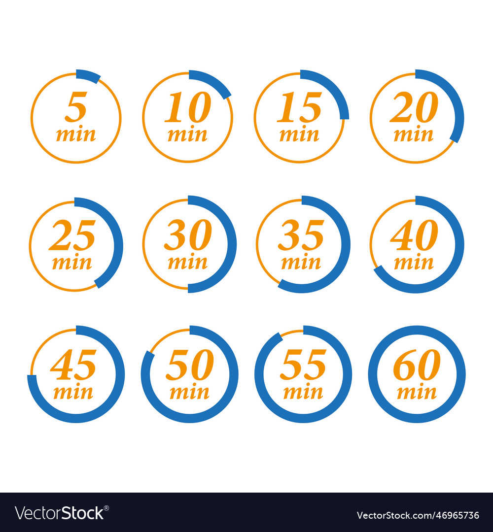 Minute timer icons set for one five vector image Minute timer icons set for one five