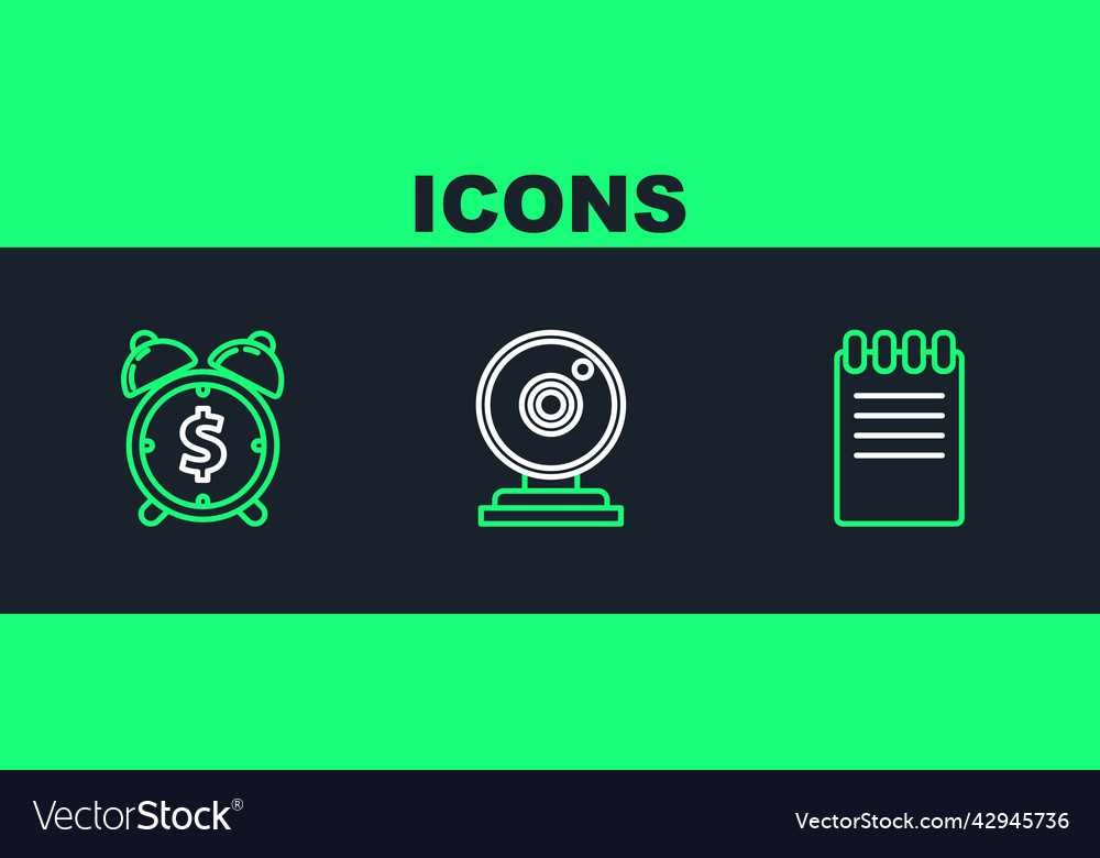 Set line notebook alarm clock with dollar symbol vector image Set line notebook alarm clock with dollar symbol