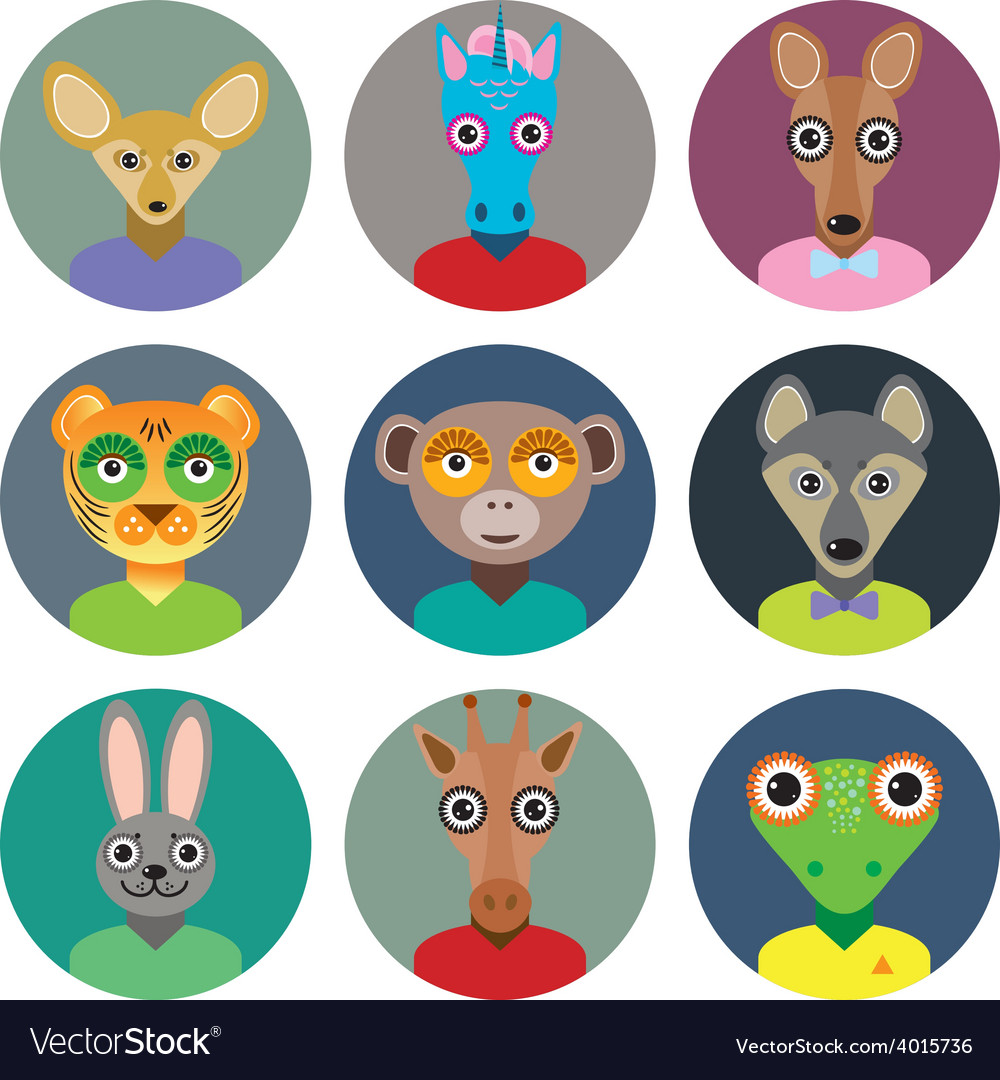 Set of animals faces circle icons in trendy