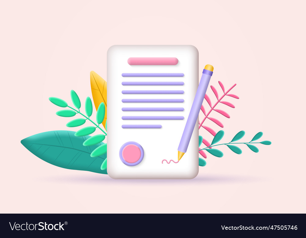 3d document icon contract or paper with signature vector image 3d document icon contract or paper with signature
