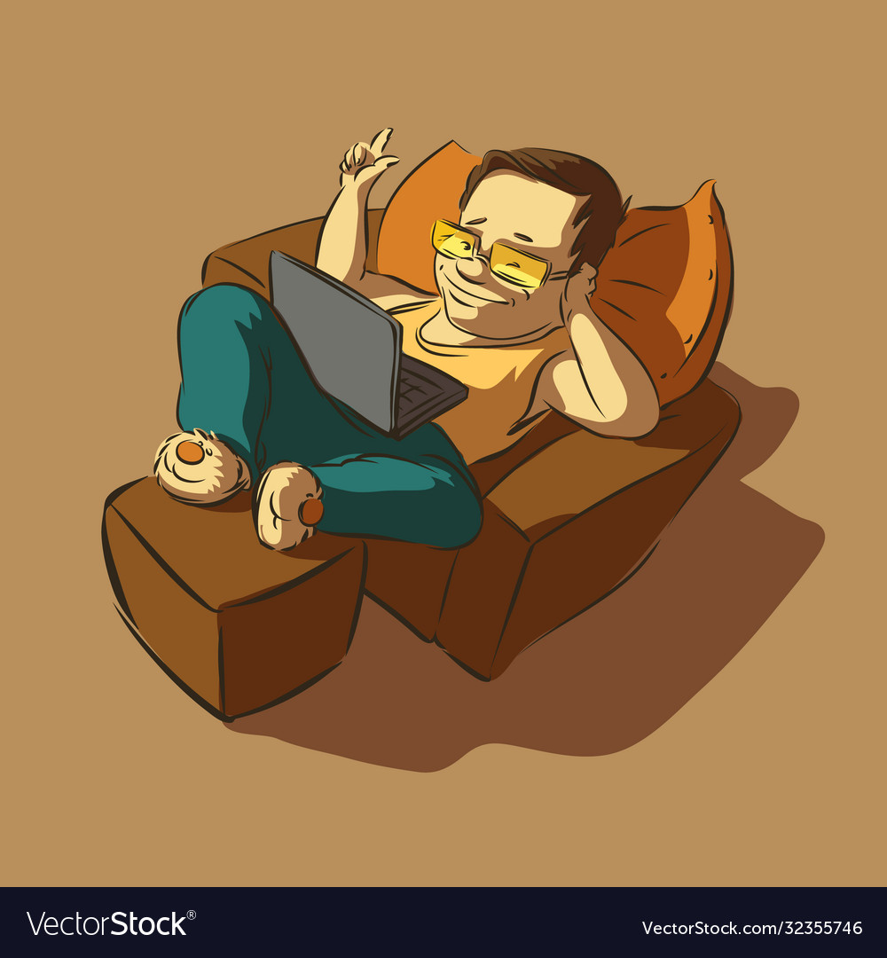 Lazy man with a laptop clicks on button