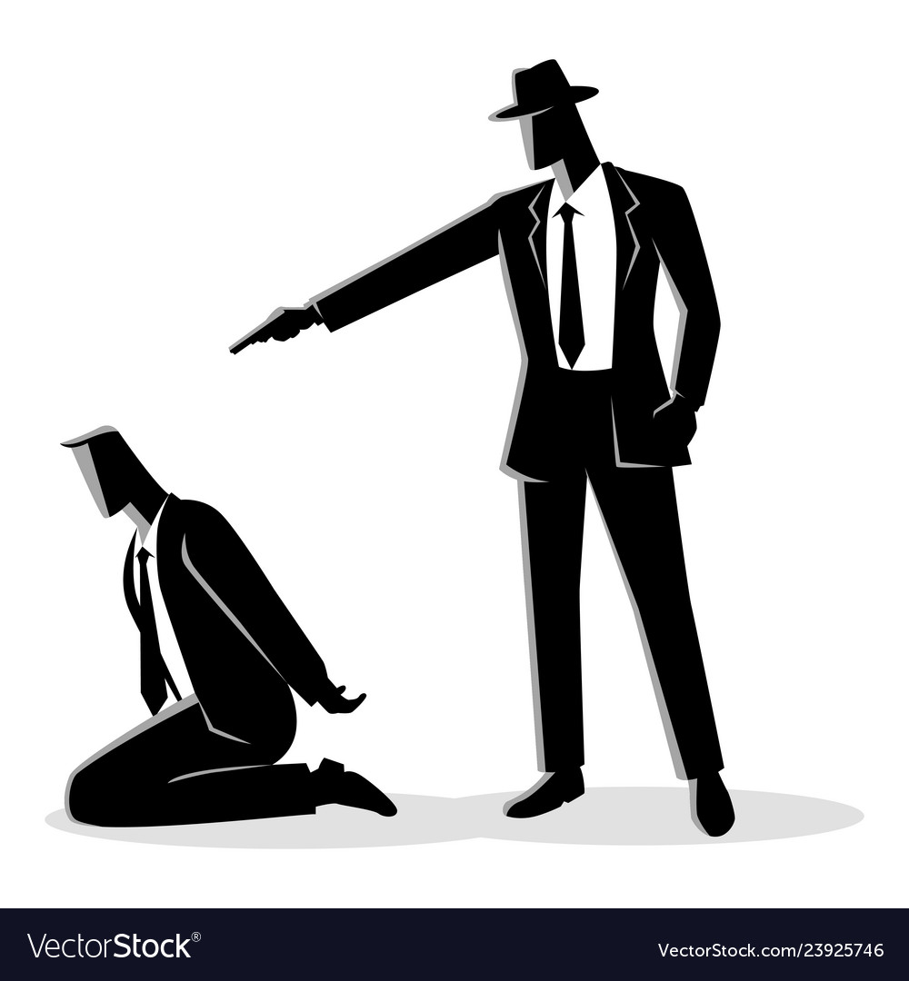 Man aiming a gun to kneeling mans head Royalty Free Vector