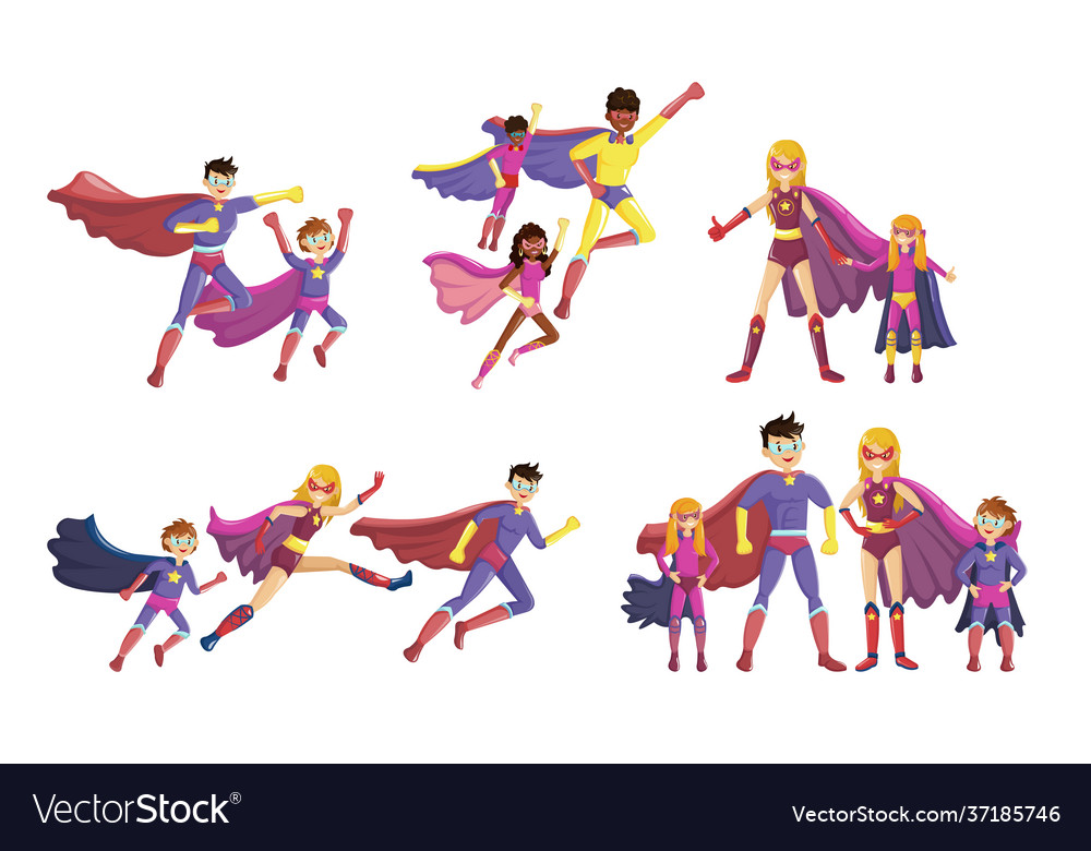 Superheroes smiling parents and their children