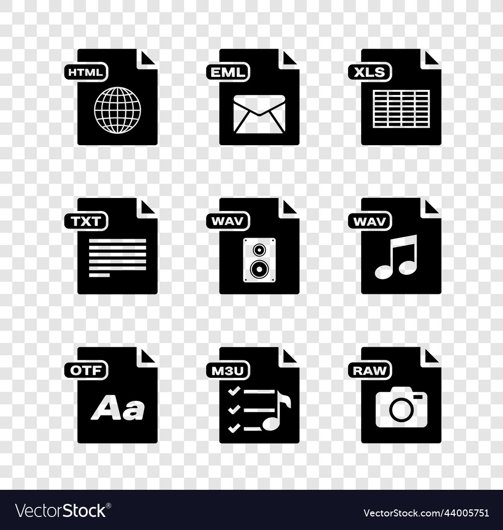 Set html file document eml xls otf m3u raw vector image Set html file document eml xls otf m3u raw