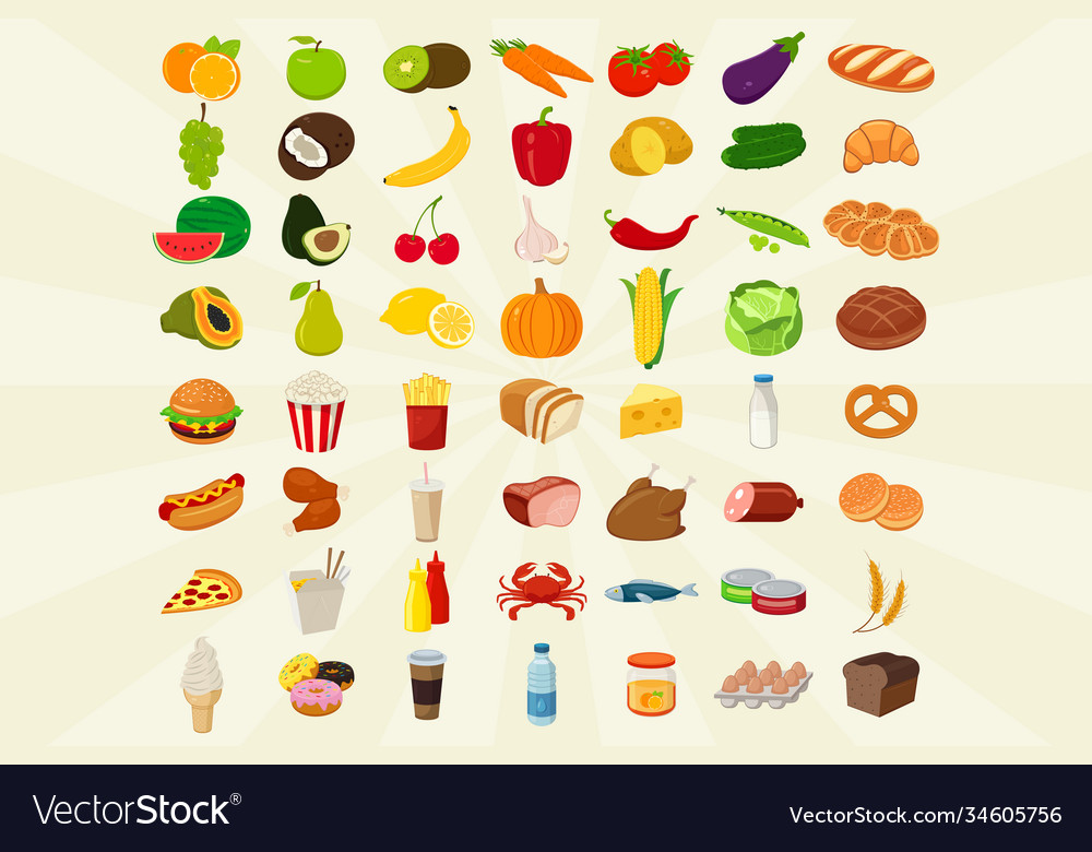 Food icons set fruits and vegetables fast