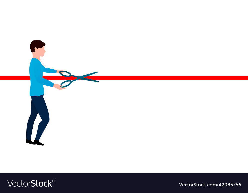 Man cutting ribbon with scissors showing Vector Image Man cutting ribbon with scissors showing
