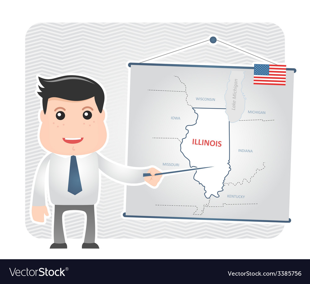 Man with a pointer points to map of illinois