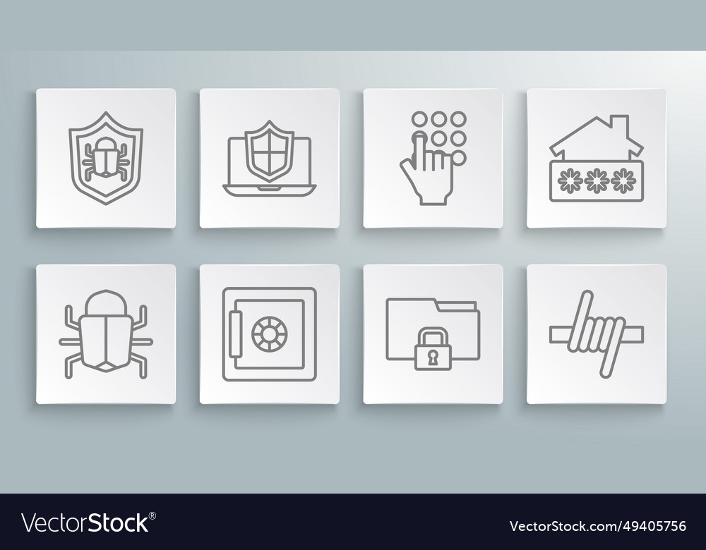 Set line system bug laptop protected with shield vector image Set line system bug laptop protected with shield