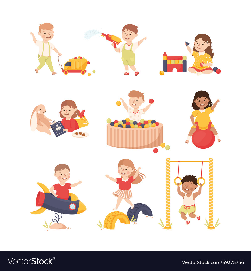Smiling children playing and having fun bouncing vector image Smiling children playing and having fun bouncing