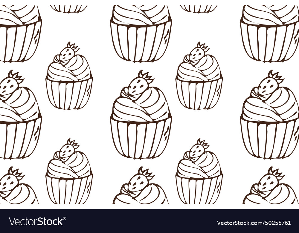 Hand drawn cupcake with cream and strawberry