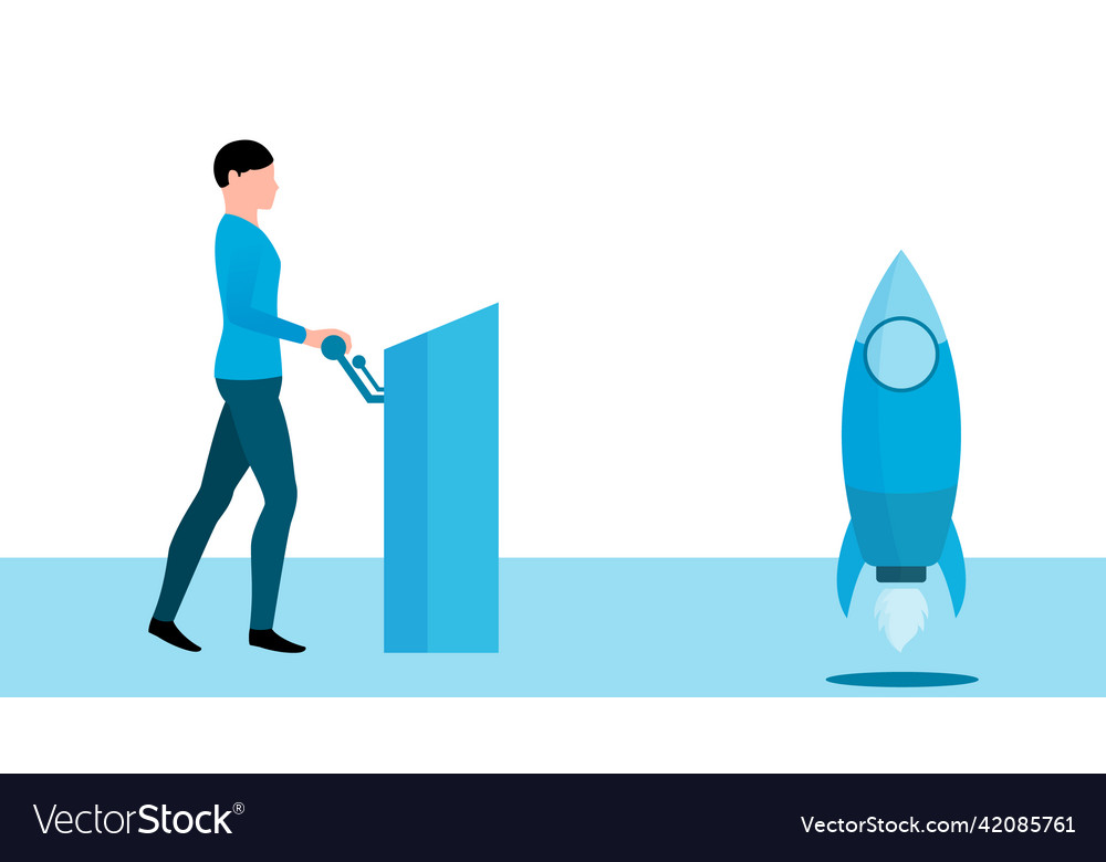 Man pulling lever to launch the rocket startup