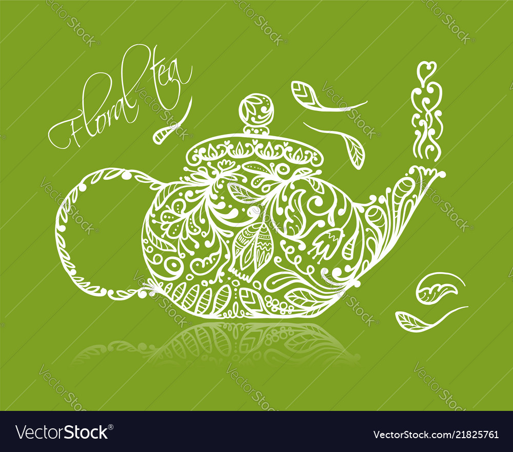 Teapot Skizze mit grünem Tee für Ihr Design