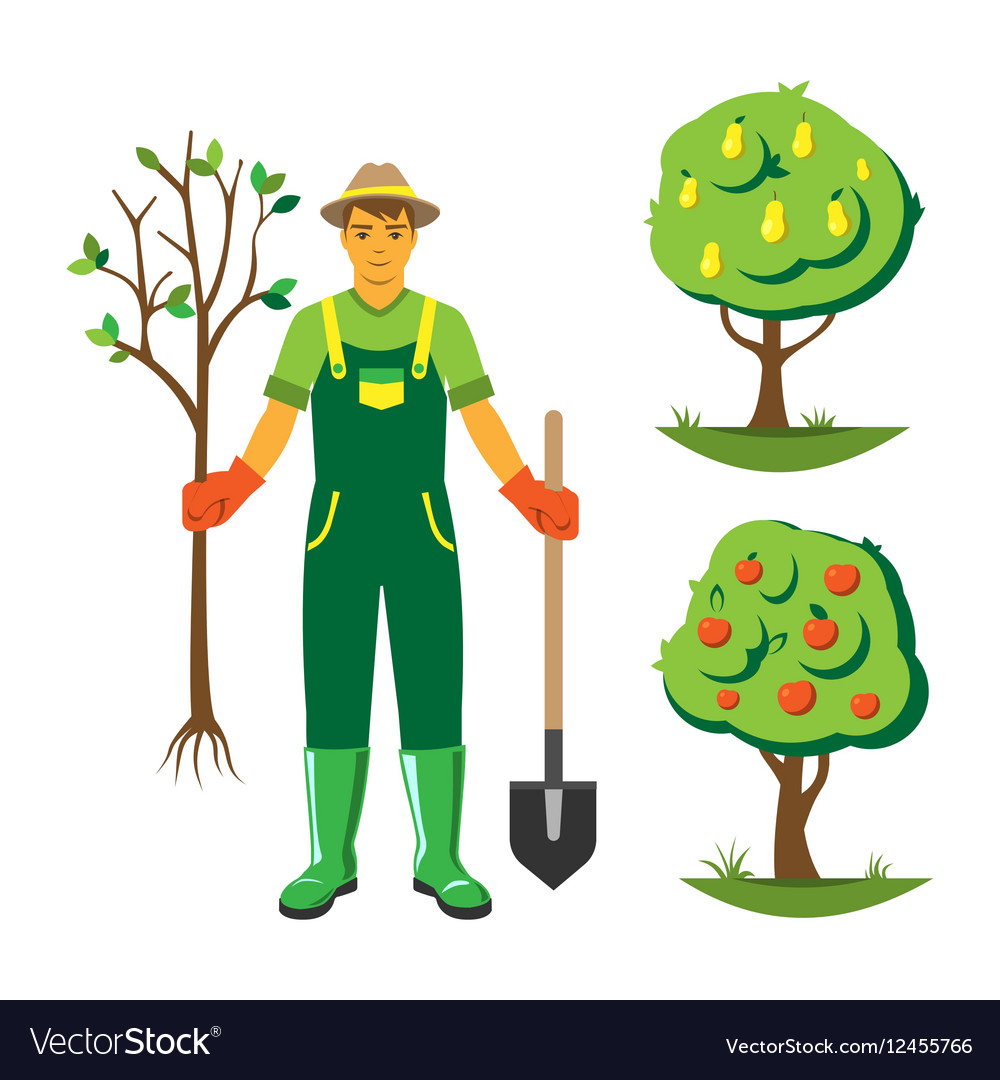 Gardener with trees flat set