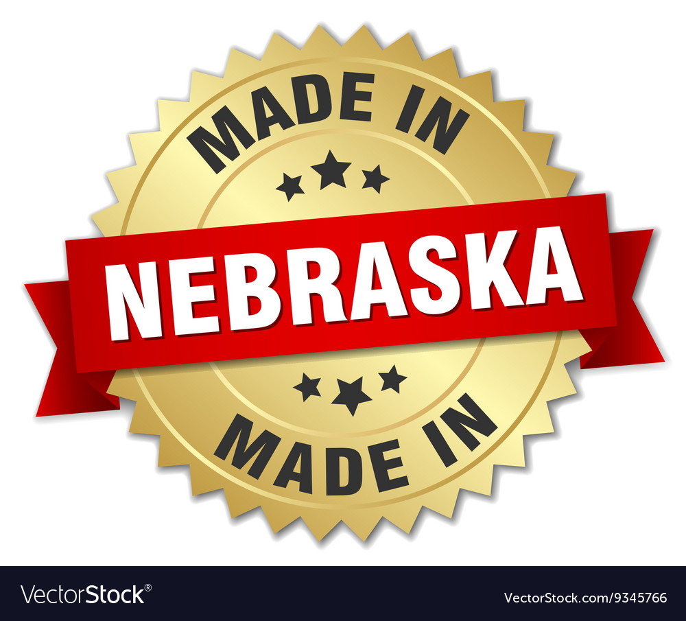 Made in nebraska gold badge with red ribbon