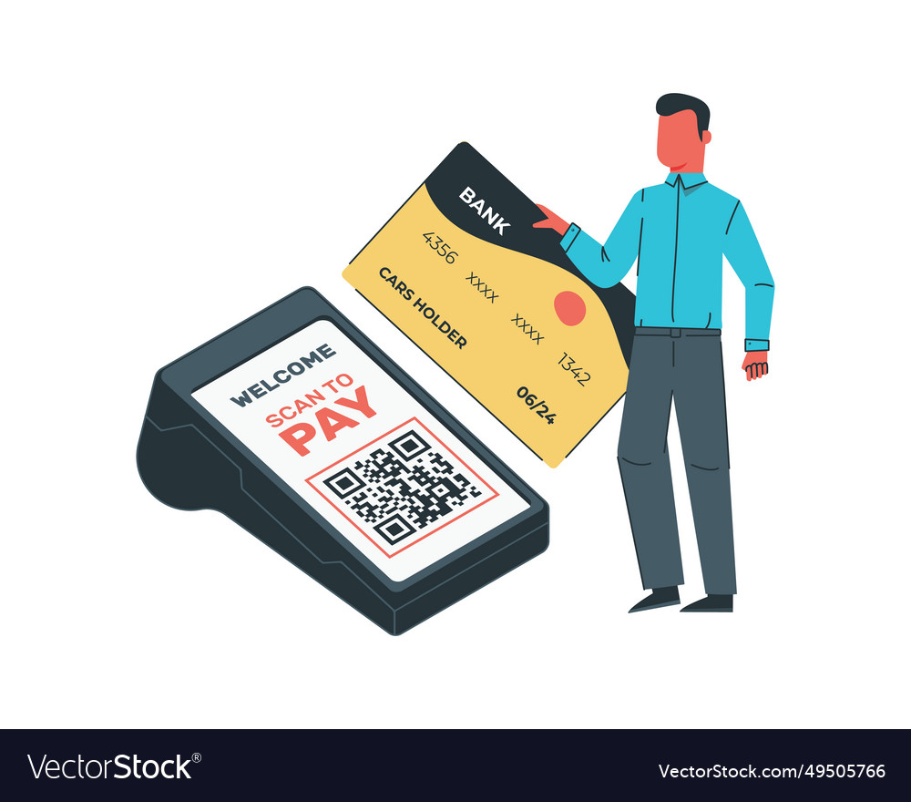 Man with qr code and pos terminal credit card Vector Image Man with qr code and pos terminal credit card