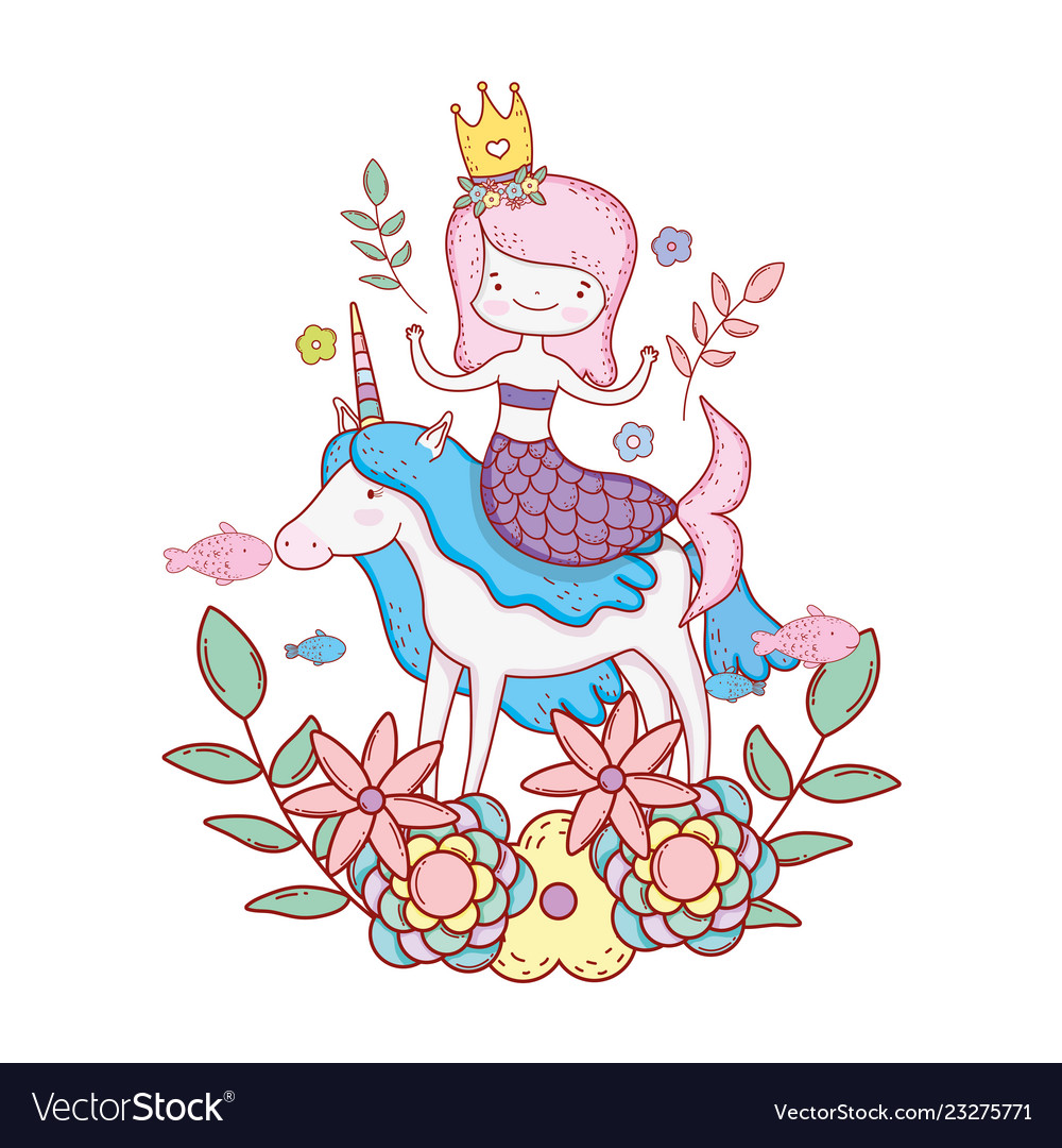 Cute mermaid with unicorn and floral decoration