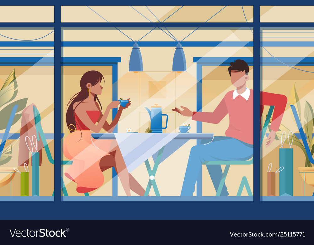 Flat young romantic couple in cafe on date Vector Image