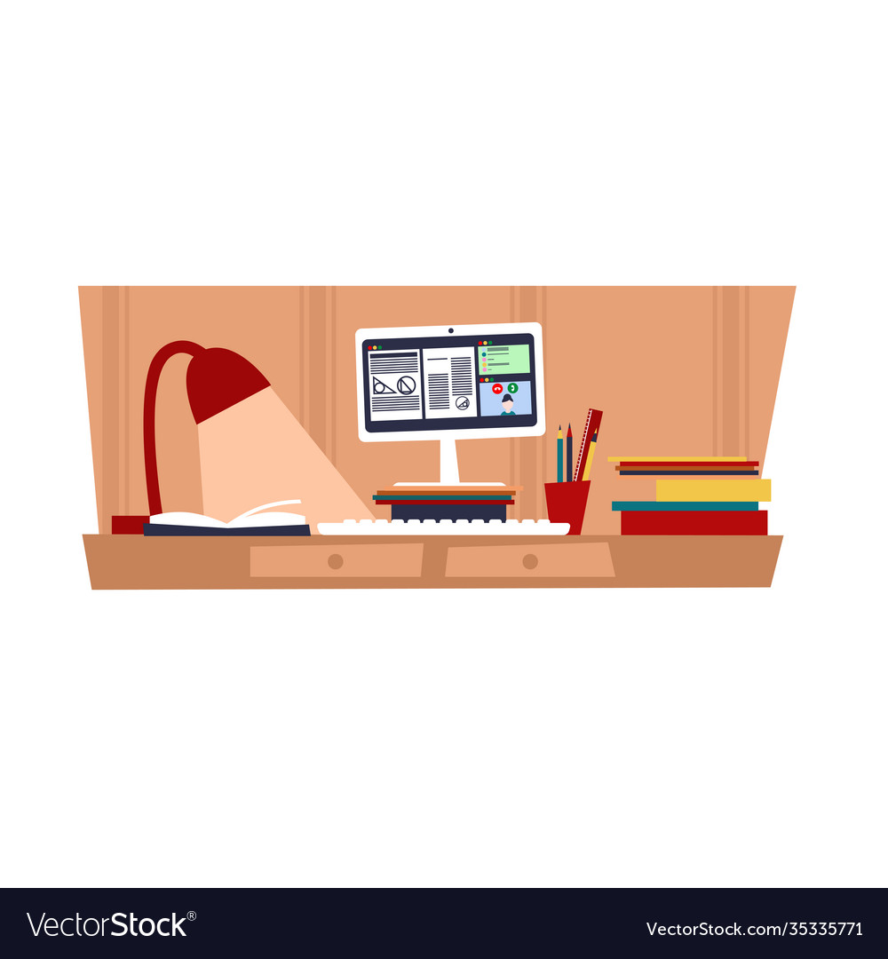 Student desktop computer remote learning 2d flat