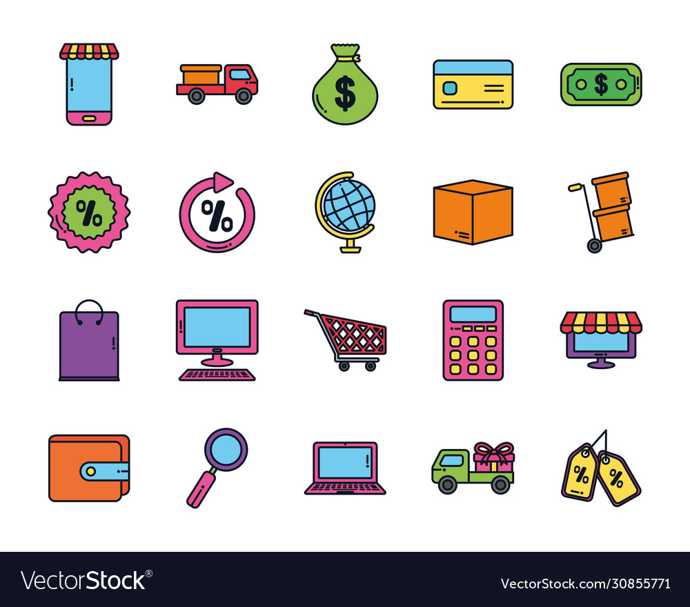 Wallet and ecommerce icon set color line style