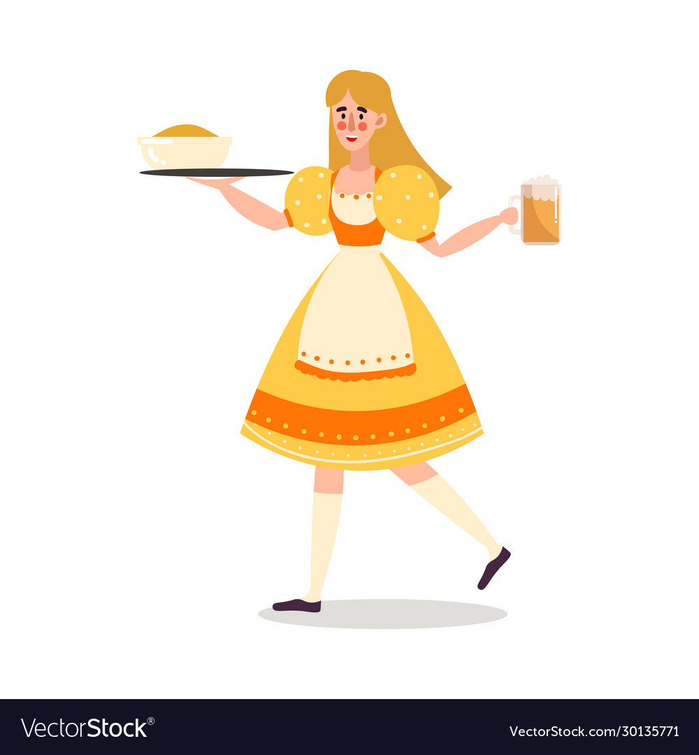 Woman waiter serving fresh beer and snacks