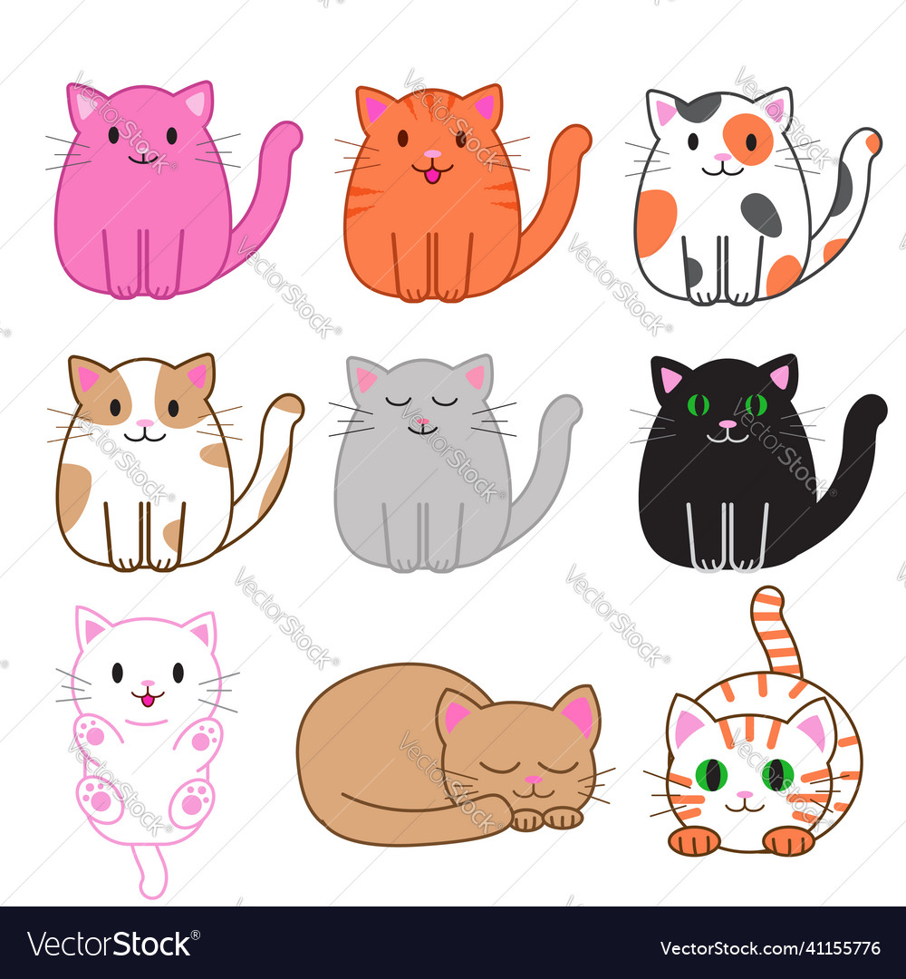 Set Of Funny Cartoon Cats Cute Royalty Free Vector Image