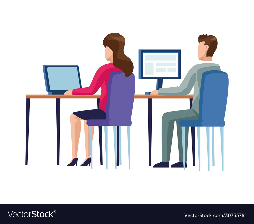 Couple in desktop working characters vector image Couple in desktop working characters