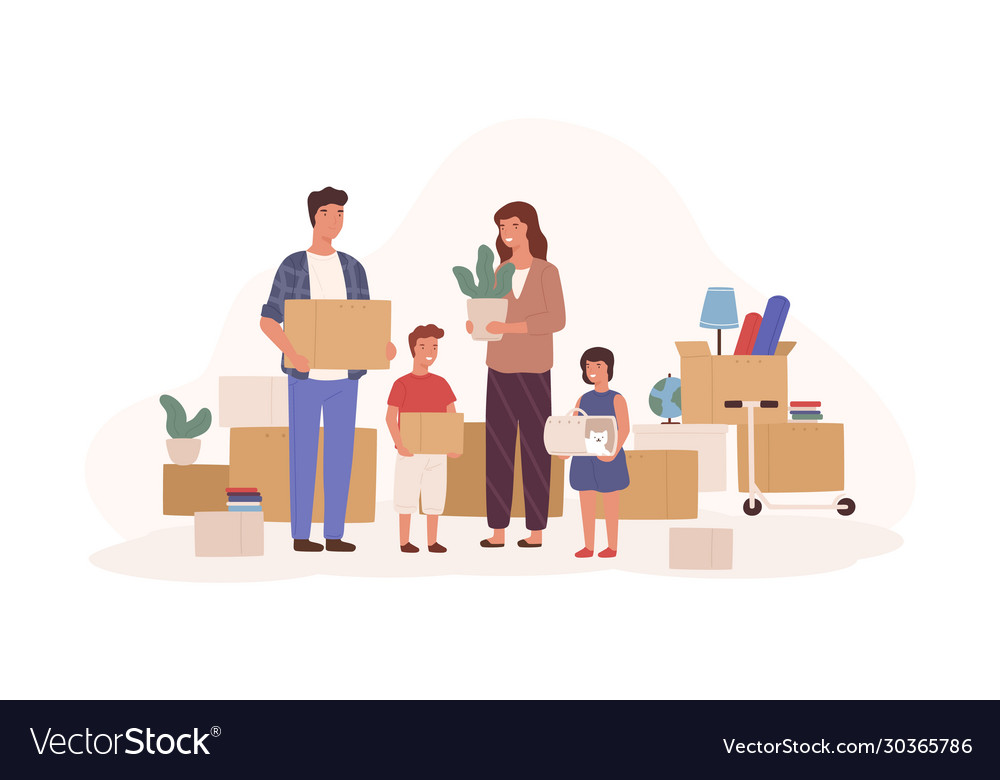 Happy cartoon family relocating to new apartment Vector Image