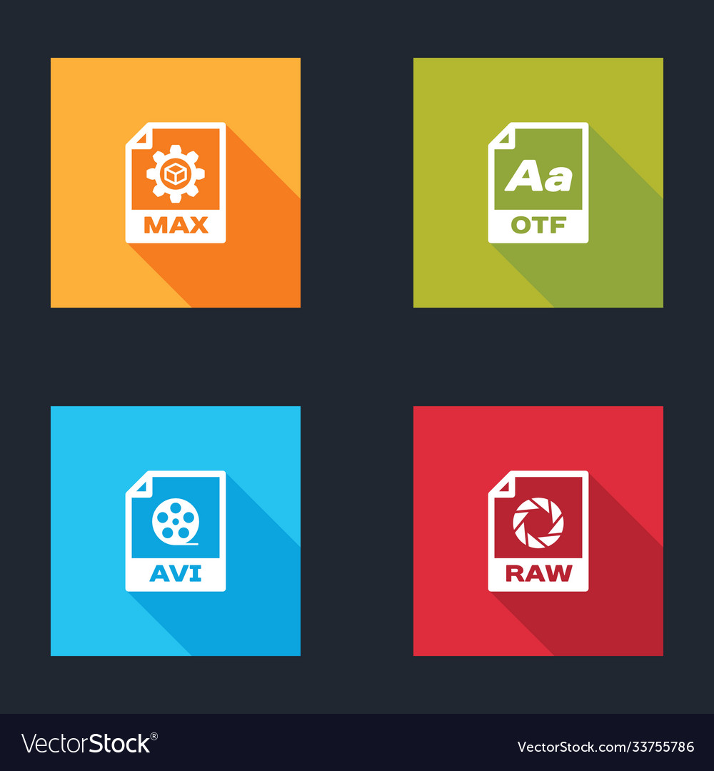 Set max file document otf avi and raw icon vector image Set max file document otf avi and raw icon