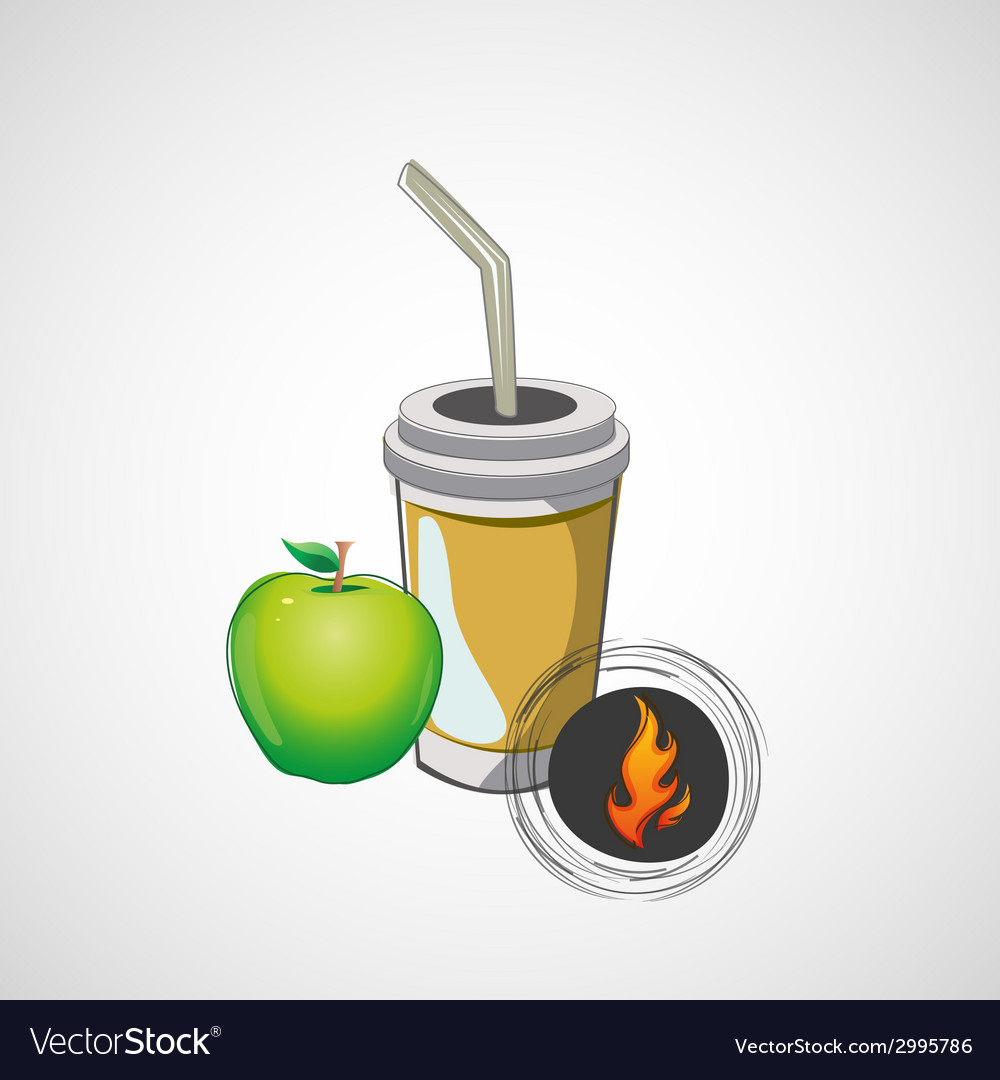 Sketch paper cup with straw and apple