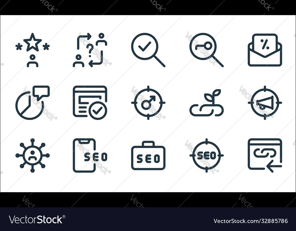 Web apps seo line icons linear set quality vector image Web apps seo line icons linear set quality