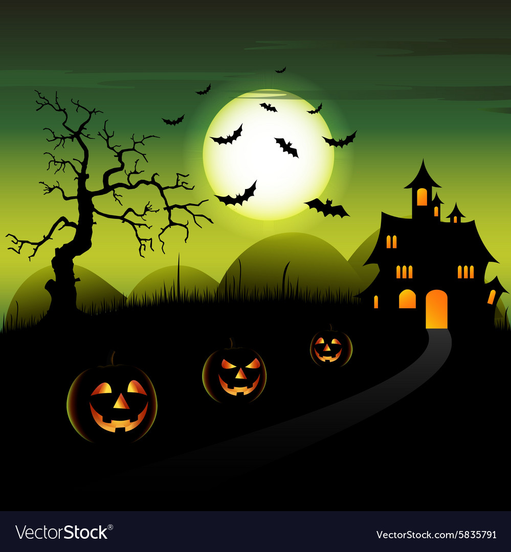 Halloween night green backdrop with castle Vector Image