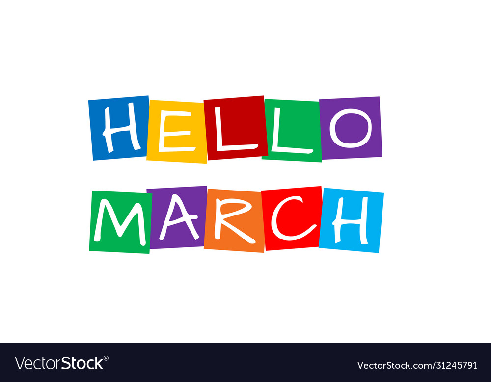 Hello march text in colorful rotated squares