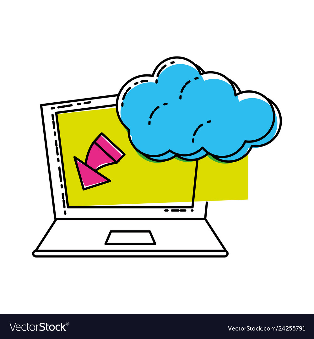 Laptop computer with cloud and arrow down