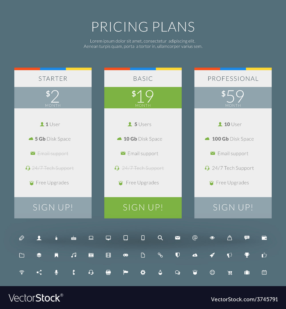 Pricing table in flat design style for websites