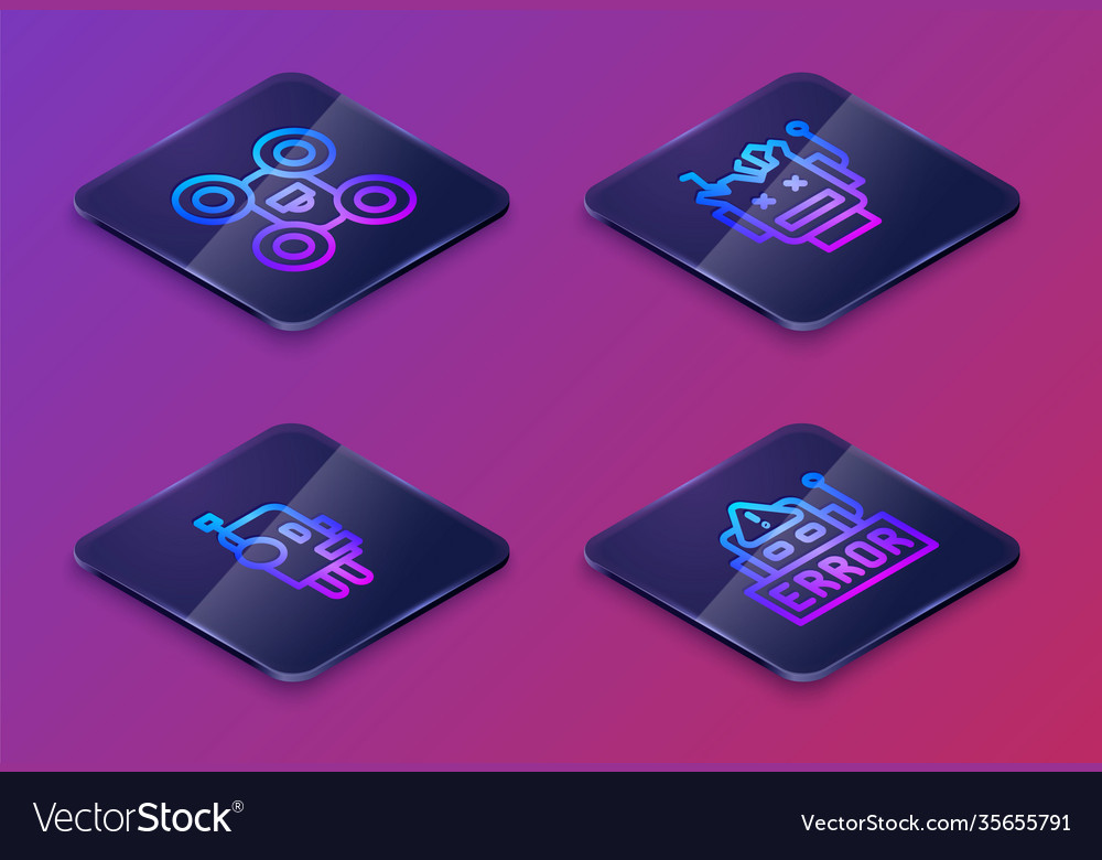 Set isometric line drone robot broken vector image Set isometric line drone robot broken