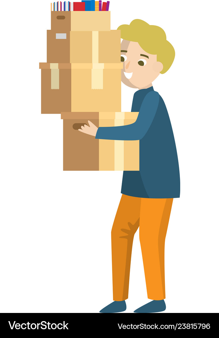 A young man carries four boxes stacked on top Vector Image