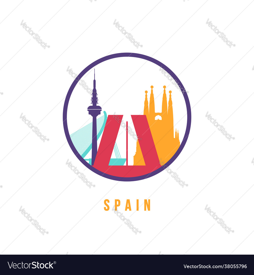 Famous spain landmarks silhouette colorful