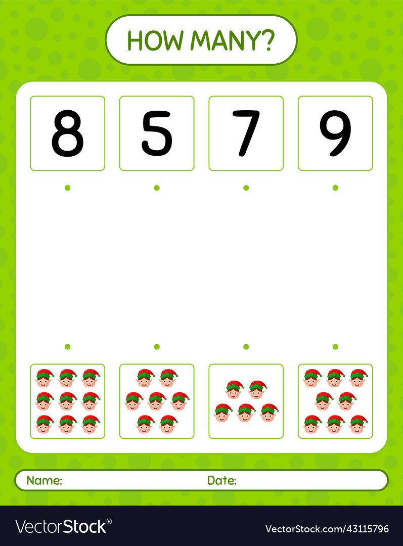 How many counting game with elf worksheet Vector Image How many counting game with elf worksheet