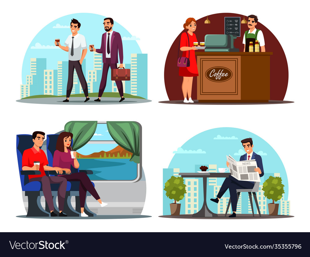 People drinking coffee in different situation set vector image People drinking coffee in different situation set