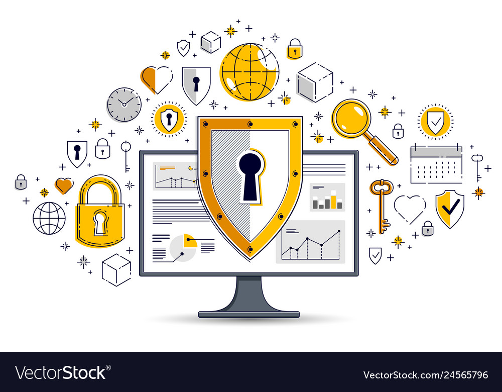 Shield over computer monitor and set of icons vector image Shield over computer monitor and set of icons