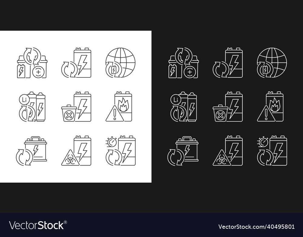 Battery reuse linear icons set for dark and light vector image Battery reuse linear icons set for dark and light