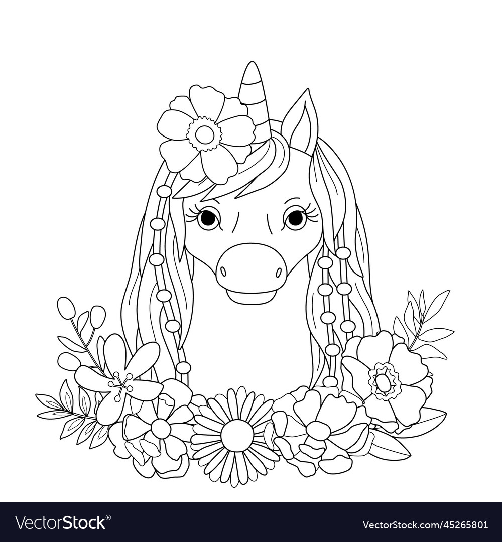 Coloring book with cute unicorn and flowers Vector Image