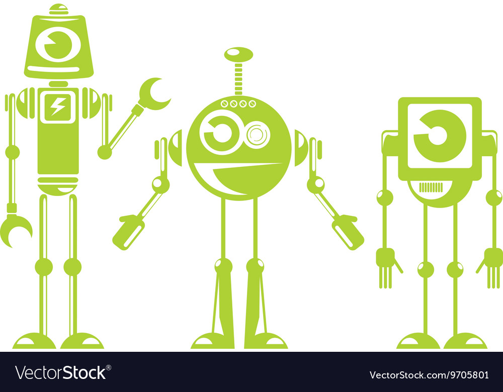 Flat design style green robots and cyborgs