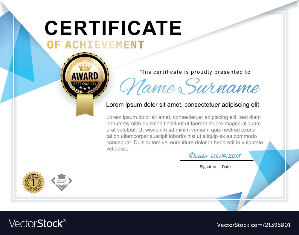 Official white certificate with blue triangle Vector Image