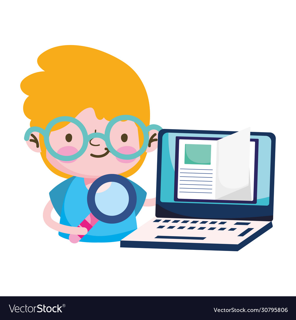 Boy kid book lupe and laptop design Royalty Free Vector